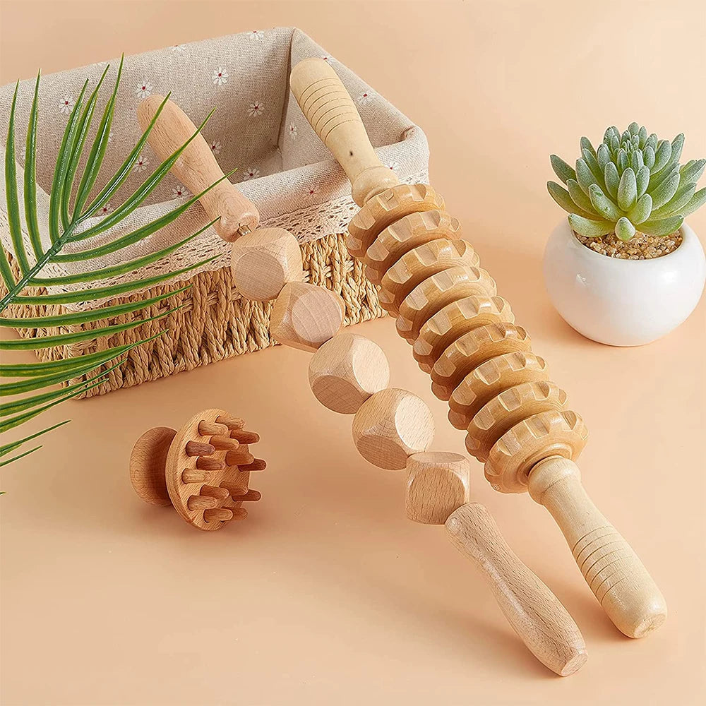 Wooden Massager Set for Full Body Muscle Pain Relief and Lymphatic Drainage